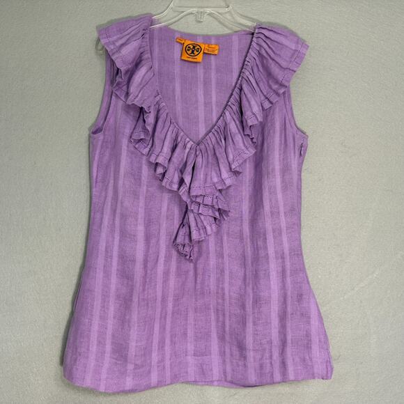 Tory Burch Women's Linen Ruffle Sleeveless Top Size 2 Luxury Classic Timeless - Picture 1 of 6